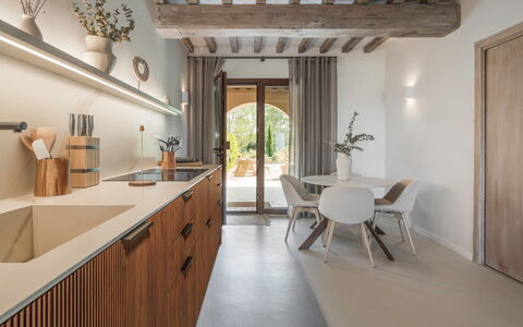 Coratina Spereto Apartment with Pool, Montaione: Cabinetry, Furniture, Table, Countertop, Wood, Lighting, Houseplant, Kitchen, Architecture, Interior Design