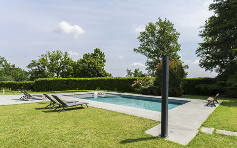 Casa del Marchese, Pool, Wifi, Castell' Arquato: Sky, Water, Cloud, Plant, Swimming Pool, Shade, Tree, Outdoor Furniture, Rectangle, Grass
