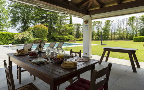 Casa del Marchese, Pool, Wifi, Castell' Arquato: Table, Property, Furniture, Plant, Tableware, Outdoor Table, Outdoor Furniture, Shade, Food, Wood