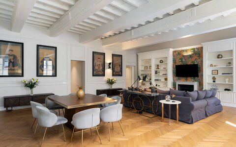 Bargello Penthouse Luxury Apartment in Florence by: Picture Frame, Table, Furniture, Plant, Interior Design, Lighting, Houseplant, Flooring, Living Room, Couch