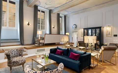 Pazzi Penthouse Luxury Apartment in Florence by Pa: Couch, Table, Furniture, Property, Picture Frame, Interior Design, Window, Lighting, Studio Couch, Living Room