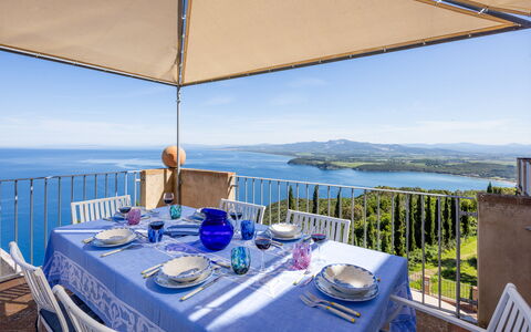 Sunset Sea View, Baratti, Populonia, Wifi, Ac: Furniture, Table, Chair, Tablecloth, Outdoor Furniture, Kitchen & Dining Room Table, Shade, Balcony, Resort, Outdoor Table