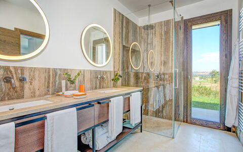 Villa Topazio - Sea View | By Rocco Forte Villas: Mirror, Cabinetry, Property, Sink, Furniture, Tap, Countertop, Plant, Plumbing Fixture, Bathroom Cabinet