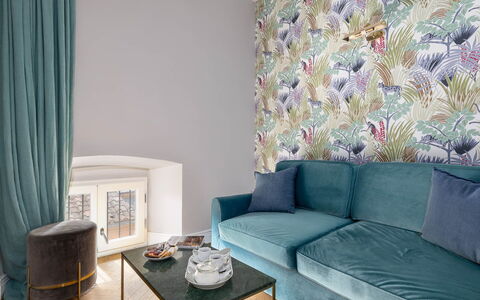 Torretta Penthouse Luxury Apartment In Florence By: Interior Design, Textile, Furniture, Living Room, Wallpaper, Throw Pillow, Pillow, Curtain