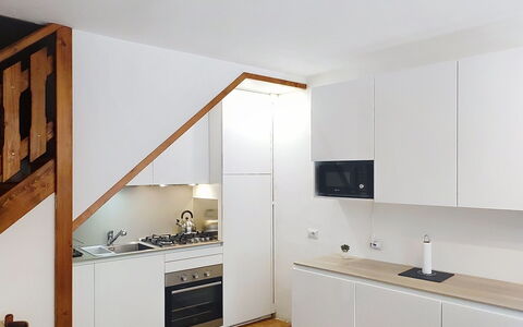 Casa sul Torrente: Kitchen, Interior Design, Flooring, Countertop, Wood, Ceiling, Floor, Cabinetry, Kitchen Appliance, Major Appliance
