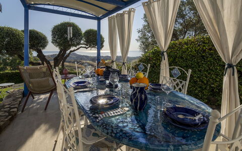Villa Acquaro, Santa Caterina Dello Ionio, Pool, A: Furniture, Chair, Table, Outdoor Furniture, Outdoor Table, Tablecloth, Garden, Shade, Kitchen & Dining Room Table, Resort
