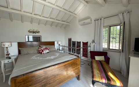 Villa Acquaro, Santa Caterina Dello Ionio, Pool, A: Furniture, Bed, Interior Design, Bedroom, Flooring, Floor, Wood, Ceiling, Bedding, Bed Sheet