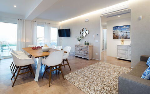 Villa Pachino: Furniture, Table, Building, Azure, Architecture, Window, Floor, House, Living Room, Flooring