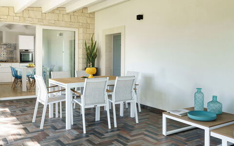 Villa Plemmirio: Table, Furniture, Plant, Chair, Building, Wood, Houseplant, Floor, Flooring, Living Room