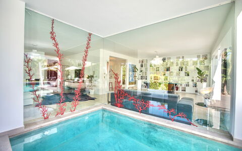 Terrasini Luxury Villa: Water, Swimming Pool, Azure, Building, Interior Design, Chair, Leisure, Aqua, Real Estate, Houseplant
