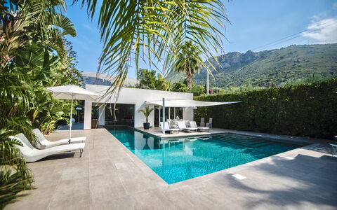Terrasini Luxury Villa: Sky, Water, Property, Plant, Building, Swimming Pool, Azure, Cloud, Outdoor Furniture, Shade