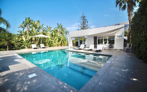 Terrasini Luxury Villa: Water, Sky, Property, Plant, Swimming Pool, Azure, Building, Tree, Cloud, House