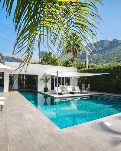 Terrasini Luxury Villa: Sky, Water, Property, Plant, Building, Swimming Pool, Azure, Cloud, Outdoor Furniture, Shade
