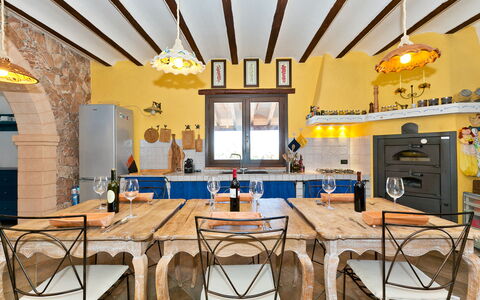 Villa Castellammare: Table, Furniture, Cabinetry, Interior Design, Countertop, Wood, Window, Chair, Kitchen, Floor