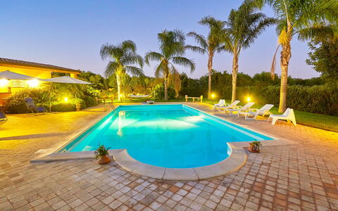 Villa Selinunte: Water, Sky, Property, Plant, Swimming Pool, Azure, Nature, Tree, Building, Arecales