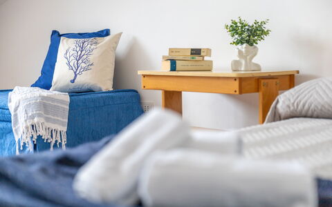 Conero Bluloft: Furniture, Interior Design, Linens, Wood, Textile, Bedroom, Floor, Bed, Room, Lighting