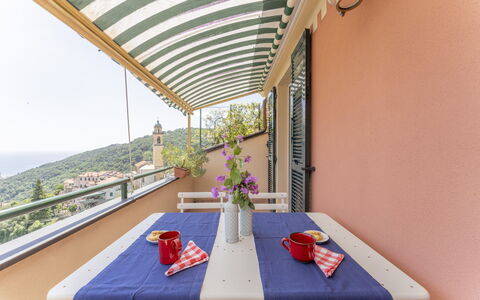Emma House, Terrace and Sea View, Moneglia: Table, Building, Furniture, Plant, Flowerpot, Houseplant, Interior Design, Chair, Outdoor Furniture, Leisure