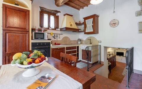 Chiara House In Galenda, Chianti, Pool And Nature: Table, Furniture, Cabinetry, Property, Countertop, Wood, Interior Design, Chair, Kitchen, Tableware