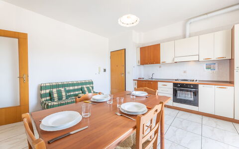 Apartment Balcony Sea View - Gallipoli: Furniture, Cabinetry, Table, Countertop, Wood, Chair, Kitchen Appliance, Flooring, Floor, Wood Stain