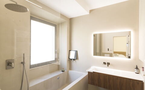 Alessandria Home: Bathtub, Mirror, Property, Plumbing Fixture, Window, Bathroom, Wood, Lighting, Interior Design