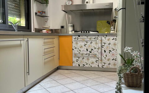 Bell'aria Apartment: Cabinetry, Countertop, Kitchen Stove, Plant, Kitchen, Kitchen Appliance, Building, Flooring, Wood, Interior Design