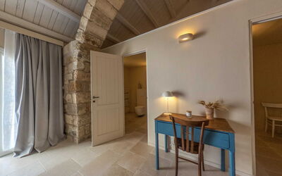 Camera 7 - Camera Matrimoniale - Masseria Vaccaro: Wood, Table, Building, Curtain, Interior Design, Hall, Flooring, Floor, Living Room, Hardwood