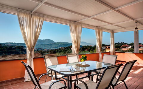 Villa Sorrentina With Panoramic Terrace: Table, Property, Sky, Building, Chair, Azure, Wood, Window, Interior Design, Shade