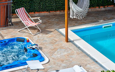 Villa Sorrentina With Panoramic Terrace: Water, Blue, Plant, Swimming Pool, Outdoor Furniture, Leisure, Shade, Wood, Grass, Sunlounger