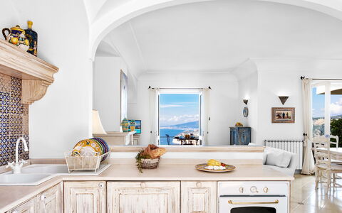 Villa Golfo Di Napoli With Private Pool: Countertop, Cabinetry, Azure, Wood, Tap, Building, Kitchen, Interior Design, Flooring, Floor