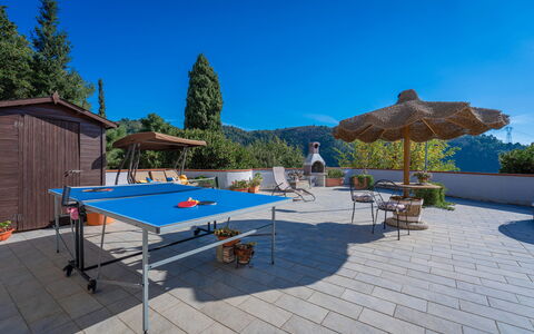 Bellavista Tuscany Apartment Panoramic Terrace: Sky, Table, Plant, Outdoor Furniture, Shade, Tree, Building, Leisure, Landscape, Swimming Pool