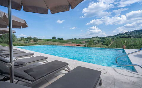 Melaiolo Modern Apartment With Pool, Montaione, To: Water, Sky, Property, Cloud, Furniture, Swimming Pool, Azure, Building, Outdoor Furniture, Sunlounger