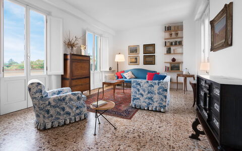 Orto Botanico Apartment With Terrace And Dome View: Picture Frame, Furniture, Window, Table, Azure, Wood, Cabinetry, Drawer, Living Room, Interior Design