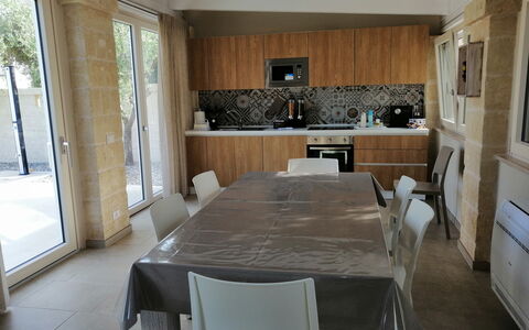 Villa Adriatica Near Ostuni Puglia: Table, Property, Furniture, Chair, Cabinetry, Wood, Interior Design, Flooring, Floor, Curtain