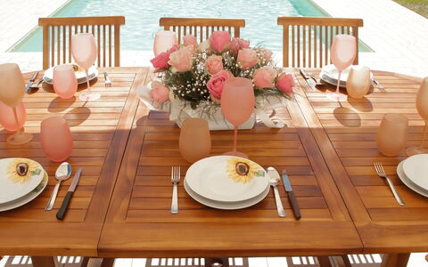 Villa Mariarosaria - Dimora Esclusiva con Piscina: Furniture, Table, Outdoor Furniture, Wood, Chair, Outdoor Table, Interior Design, Kitchen & Dining Room Table, Restaurant, Dining Room