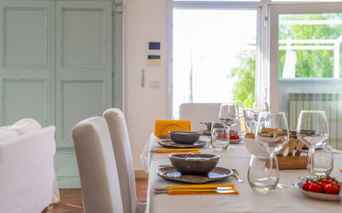 Villa Solemare: Furniture, Interior Design, Tableware, Table, Dining Room, Chair, Kitchen & Dining Room Table, Textile, Home, Room