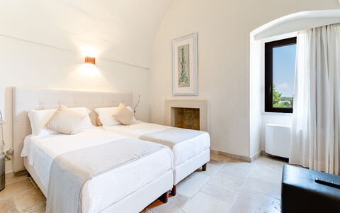 Masseria Ceratonia: Flooring, Bedroom, Floor, Interior Design, Ceiling, Furniture, Bed, Bedding, Bed Sheet, Bed Frame