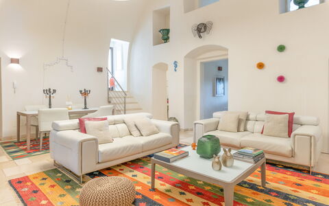 Masseria Ceratonia: Furniture, Interior Design, Flooring, Couch, Wall, Floor, Living Room, Wood, Ceiling, Room
