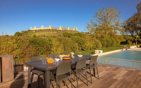 Le Torri, Borgo Campassini, Monteriggioni: Furniture, Table, Outdoor Furniture, Chair, Outdoor Table, Kitchen & Dining Room Table, Garden, Shade, Backyard, Eco Hotel