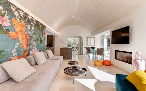 Trullo Brenda: Flooring, Interior Design, Furniture, Floor, Ceiling, Home, Living Room, Resort, Couch