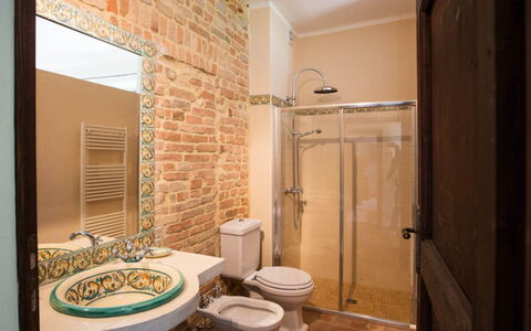 Cascina del Castello: Wall, Interior Design, Plumbing Fixture, Flooring, Floor, Bathroom, Brown, Room, Sink, Plumbing
