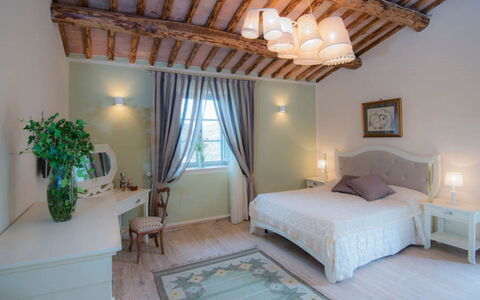 Villa Rufeno: Furniture, Interior Design, Bed, Bedroom, Ceiling, Textile, Floor, Linens, Room, Lighting