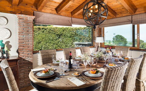 Villa Etna: Furniture, Interior Design, Wood, Table, Chair, Kitchen & Dining Room Table, Dining Room, Lighting, Light Fixture, Ceiling