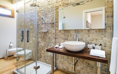 Villa Etna: Bathroom, Flooring, Interior Design, Plumbing Fixture, Wall, Floor, Bathroom Sink, Sink, Mirror, Plumbing