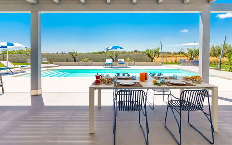 Villa Marzamemi: Furniture, Outdoor Furniture, Chair, Table, Kitchen & Dining Room Table, Outdoor Table, Restaurant, Resort, Patio, Swimming Pool