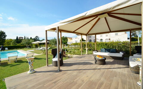 Villa Yvonne: Wood, Outdoor Furniture, Flooring, Shade, Garden, Gazebo, Floor, Furniture, Outdoor Structure, Canopy