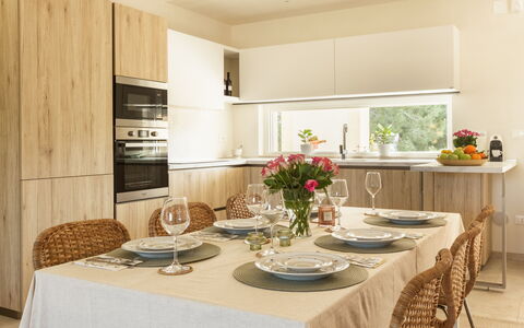 Villa Pallino: Furniture, Interior Design, Kitchen, Countertop, Wood, Cabinetry, Kitchen Appliance, Tableware, Flooring, Kitchen & Dining Room Table