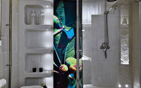 Masseria Capasa: Wall, Interior Design, Plumbing Fixture, Bathroom, Flooring, Lighting, Plumbing, Floor, Tile, Home