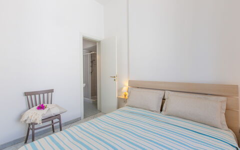 Vista Mare Da Rossella: Interior Design, Furniture, Floor, Flooring, Bedroom, Wood, Bed, Textile, Linens, Bed Sheet