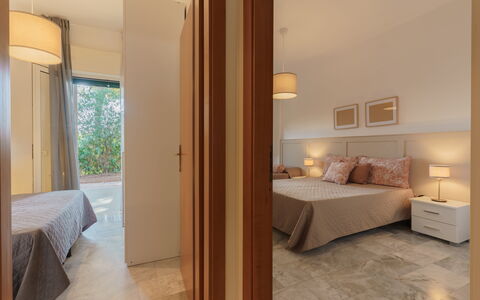 Villa Nami: Interior Design, Flooring, Floor, Wood, Ceiling, Room, Furniture, Bedroom, Bed, Lighting