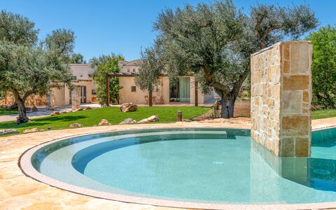 Trulli Corte Kalia, Golf & Puglia: Swimming Pool, Water Feature, Garden, Landscaping, Shade, Resort, Backyard, Design, Hacienda, Tile
